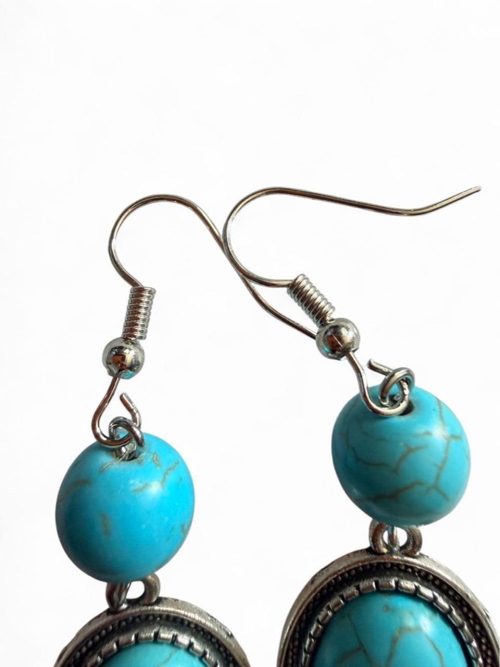 Handmade Southwestern Oval Turquoise Cabochon Dangle Earrings Western Boho - Picture 4 of 4